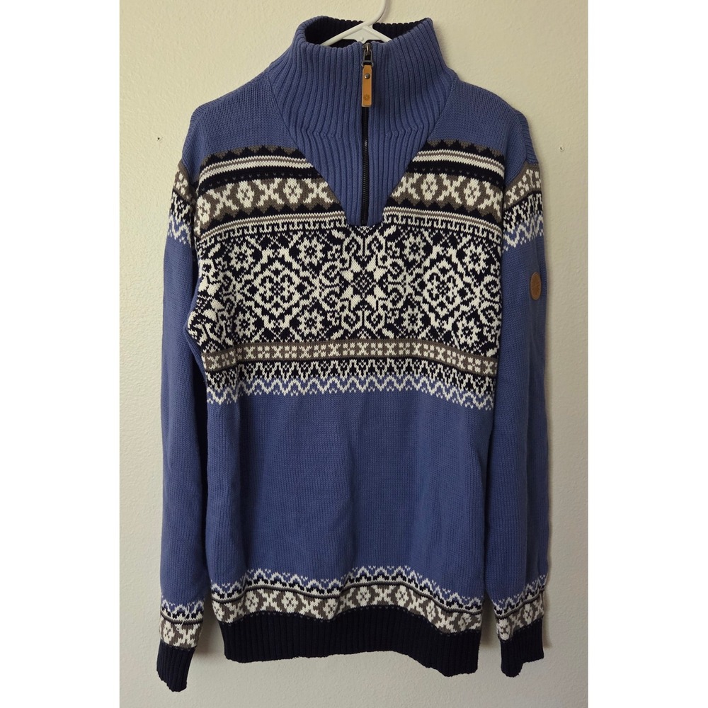 Icewear Oslo Unisex Nordic Sweater Blue Cotton Knit Fair Isle 1/4 Zip Size Large